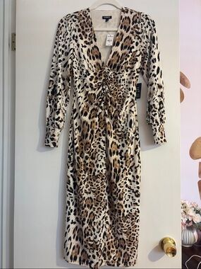 Express Leopard-Print Long Sleeve Midi Dress - Taupe Black Cream